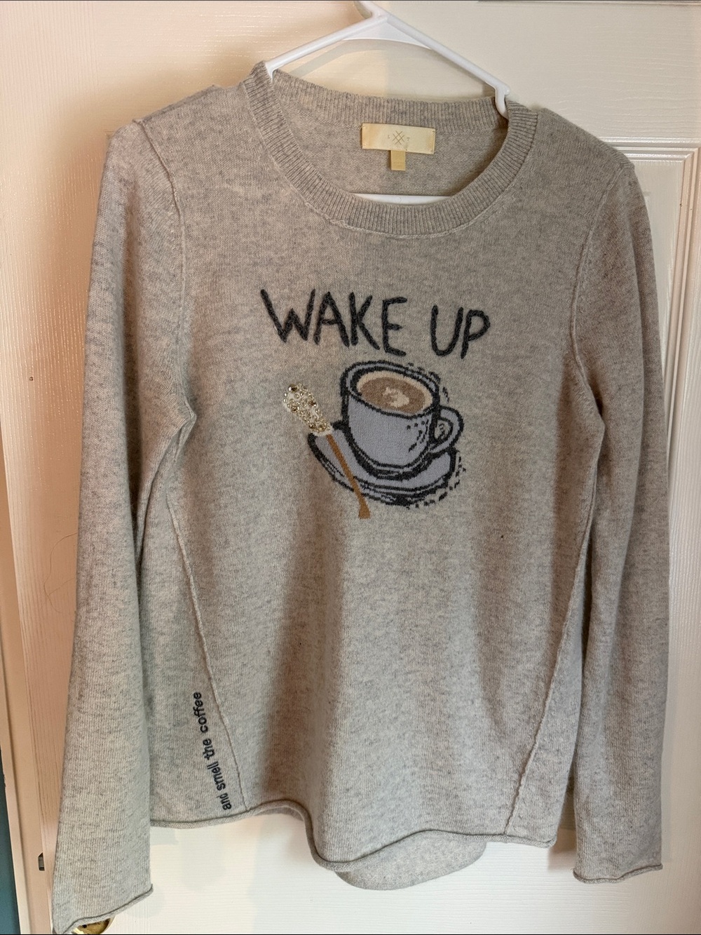 100% Cashmere Wake Up Gray Coffee Graphic Sweater